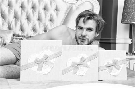 Presents For All Handsome Man With T Boxes On Birthday Morning Man With Birthday Ts