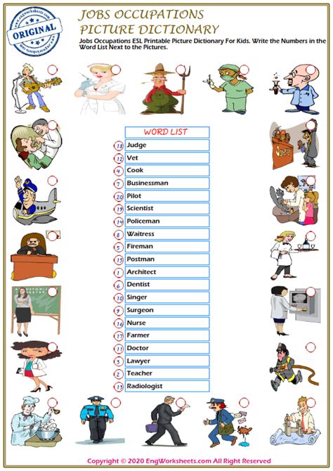 Jobs Occupations Printable English Esl Vocabulary Worksheets