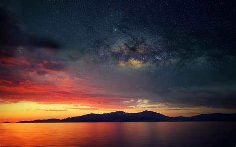 Galaxy Blended Landscape Mountains Sunset Hd Nature 4k Wallpapers