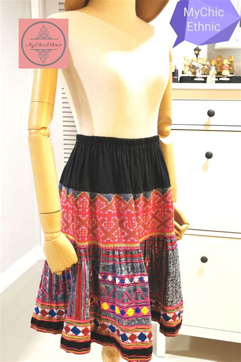 Hmong Skirt, Handmade with Hemp Textile, Cross Stitching, Batik Indigo ...