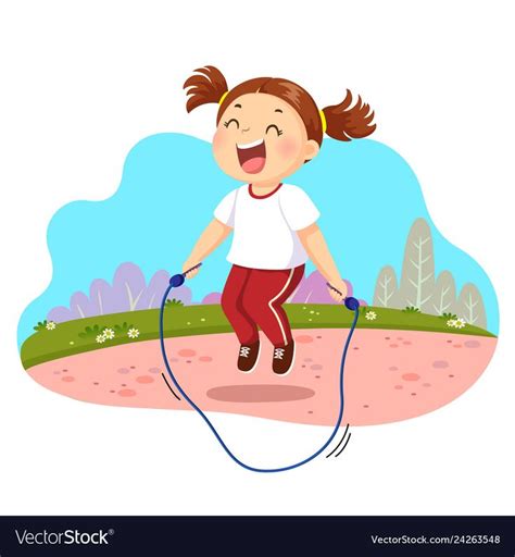 Vector Illustration Of Happy Little Girl Jumping Rope In The Park
