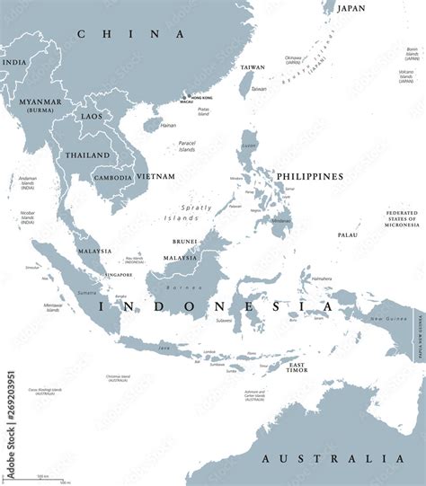 plakat southeast asia political map with borders subregion of asia with countries south of