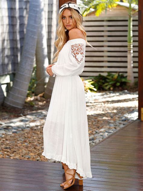 White Long Dress Boho Lace Off The Shoulder Long Sleeve High Low Maxi Dress For Women Power