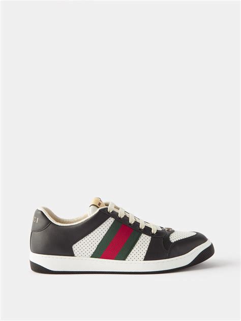 Gucci Screener Web Stripe Perforated Leather Trainers In White For Men