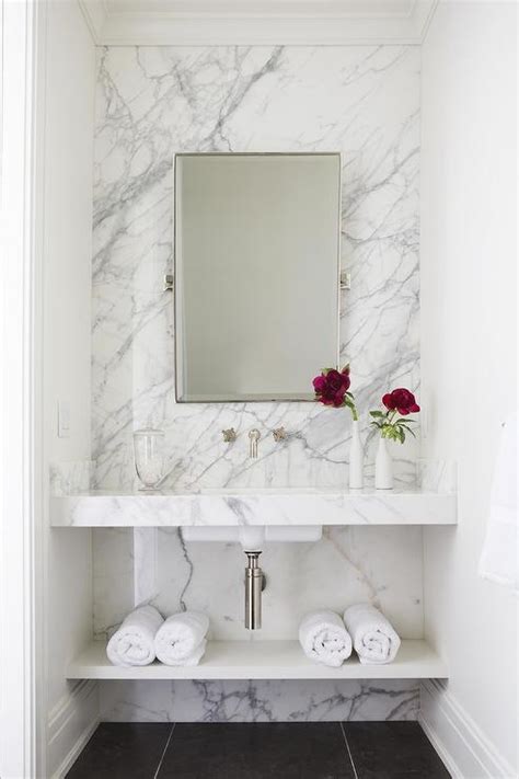 Marble Wallpaper Accent Wall In The Bathroom Modern Powder Rooms