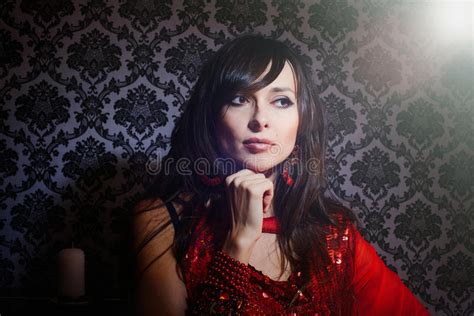 Beautiful Woman In Red Dress In The Interior Stock Image Image Of