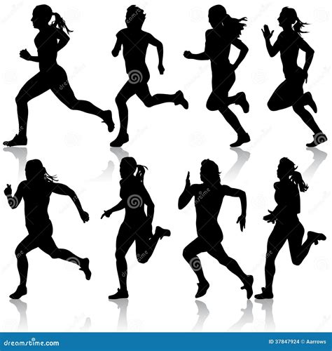 Set Of Silhouettes Runners On Sprint Women Stock Vector