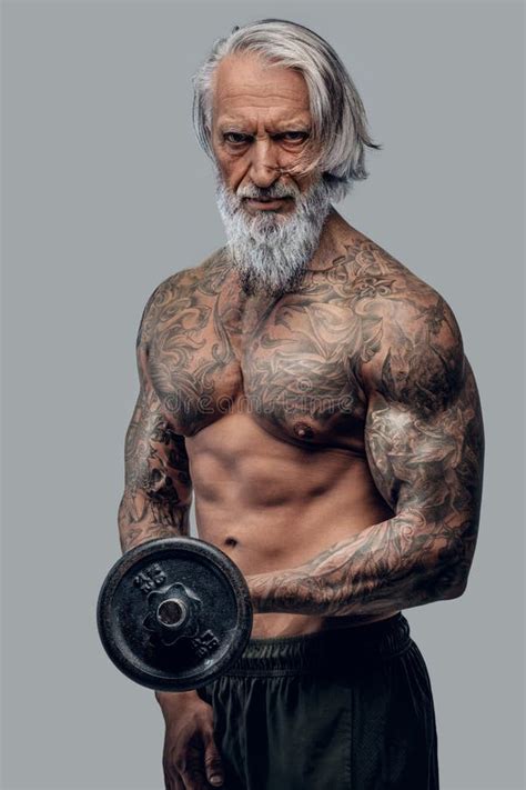 Naked Old Man Lifting Dumbell Against White Background Stock Image Image Of Tattoo Mature