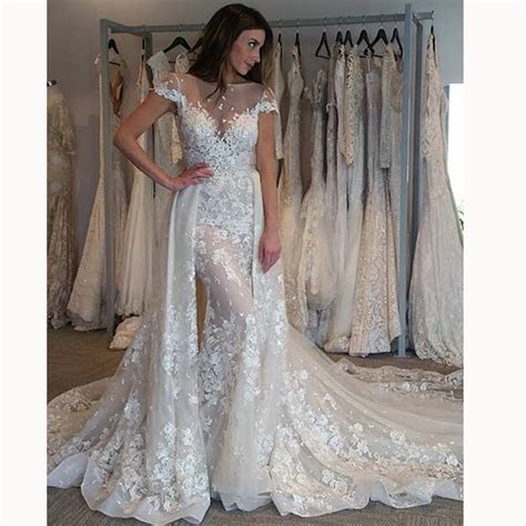 Luxury Detachable Train Lace Mermaid Wedding Gown 2018 Lace Bridal Dre