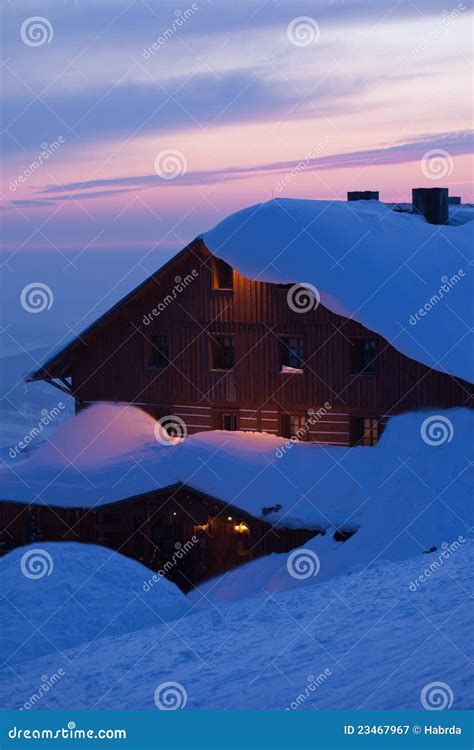 Mountain Cottage At Sunset In Winter Stock Image Image Of Background