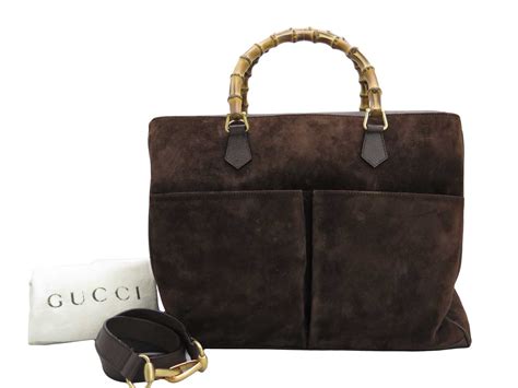 Auth Gucci Bamboo 2 Way Handbag Shoulder Bag Dark Brown Suedeleather