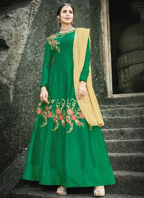 Green And Beige Floral Embroidered Silk Anarkali Suit Features A Gorgeous Silk Anarkali Suit