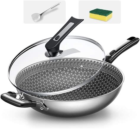 304 Stainless Steel Wok Pan Honeycomb Nonstick Pan With Glass Lid Less