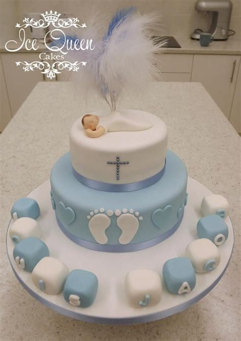2 Tier Baby Boy Christening Cake With Blocks And Feathers Ice Queen