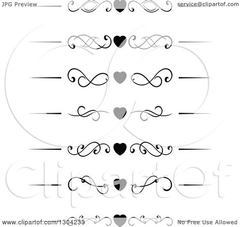 Clipart Of Black And White Heart And Swirl Border Rule Design Elements