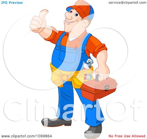 Clipart Happy Plumber Carrying A Tool Box And Holding A Thumb Up