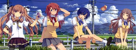 Anime Girls School Uniform Schoolgirls Group Of Women Field