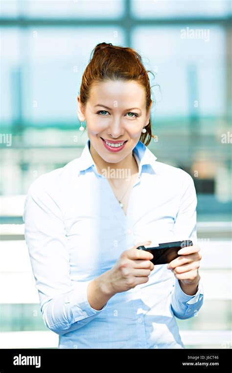 Closeup Portrait Happy Cheerful Excited Girl Using Cell Phone Isolated Background Corporate