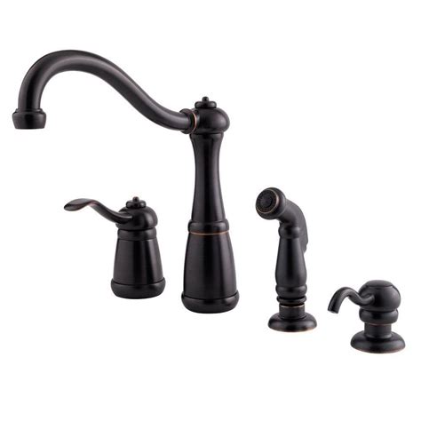 4 hole kitchen faucets like widespread or bridge style typically have separate hot and cold handles plus a sidespray. Pfister Marielle Single-Handle Side Sprayer Kitchen Faucet ...