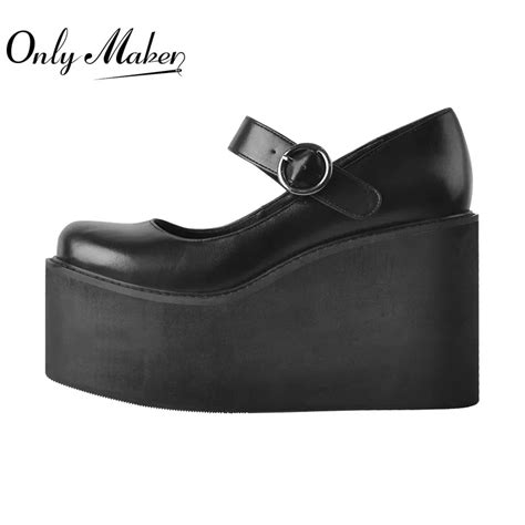 onlymaker women mary jane shoes round toe platform pumps ankle buckle matte black sweet punk big