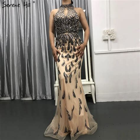 New Grey Nude Mermaid Luxury Formal Dress Sexy Sparkly Beading Sequined Sleeveless Evening Gowns