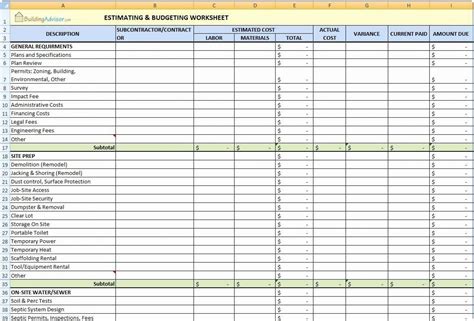 Residential Construction Budget Template Excel ~ Addictionary