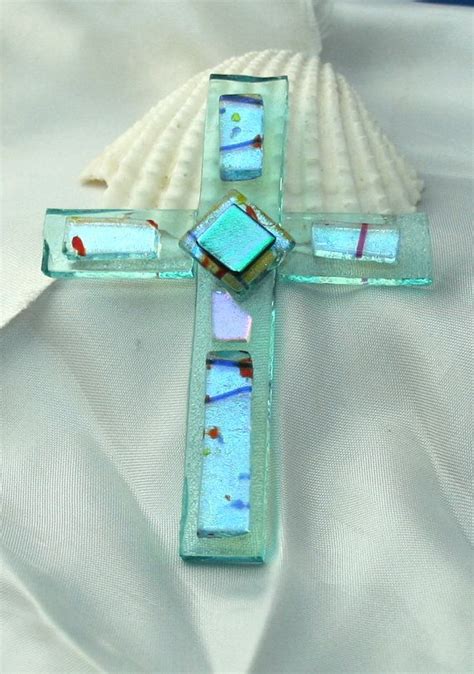 Aqua Fused Glass Cross Mosaic Cross Ornament By Hbjewelrydesign 18 00 Fused Glass Jewelry