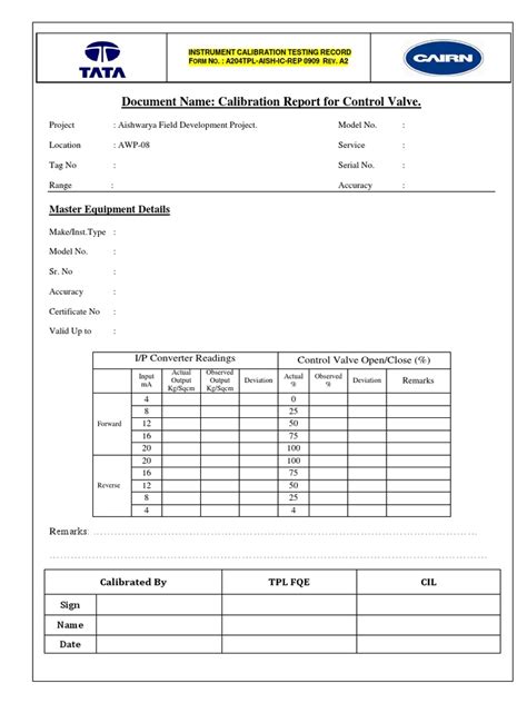 Instrument Calibration Test Report Format Calibration Accuracy And