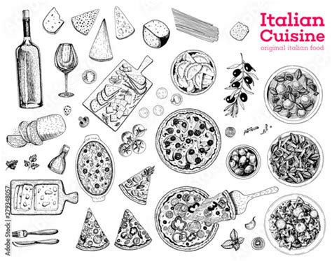Italian Food Sketch Set Of Italian Dishes With Pasta Pizza Ravioli