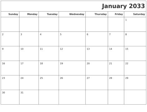 January 2033 Calendars To Print
