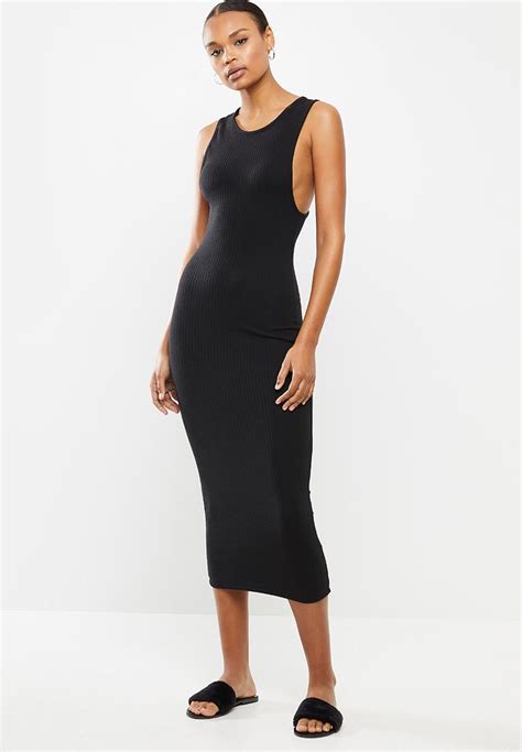Ribbed Racer Back Midi Dress Black Missguided Casual