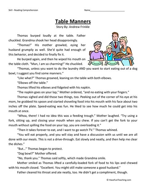 Stay seated and sit up straight. Table Manners Reading Comprehension Worksheet • Have Fun ...