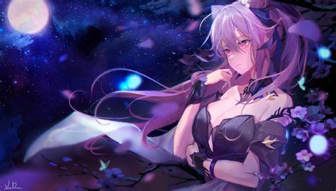 Wallpaper Anime Girls Cleavage Moon Purple Hair Keqing Genshin