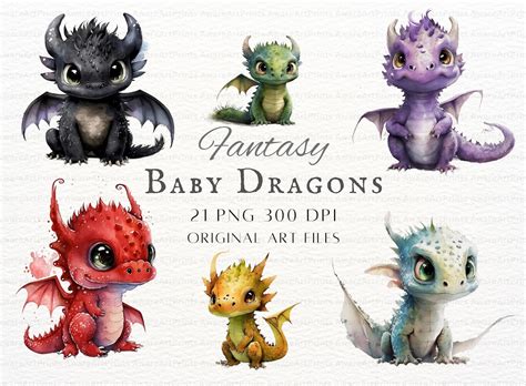 Cute Baby Dragon Clipart 21pc Bundle Kawaii Dragon Clipart Fantasy