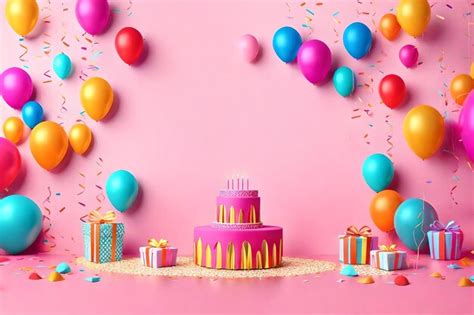 Premium Ai Image Happy Birthday Cake Balloons Candles And Confetti
