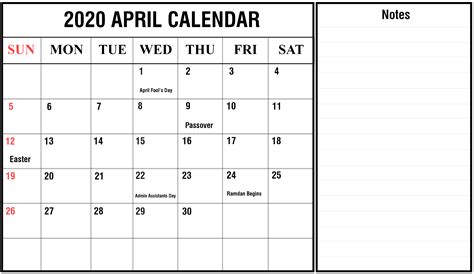 Free Download April 2020 Calendar With Notes Printable Calendar