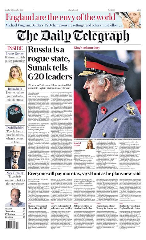 Daily Telegraph Front Page 14th Of November 2022 Tomorrow S Papers Today