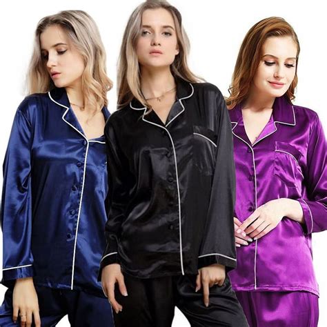 Women Silk Satin Pajamas Set Long Sleeve Button Down Sleepwear Lady Pajamas Walmart Canada