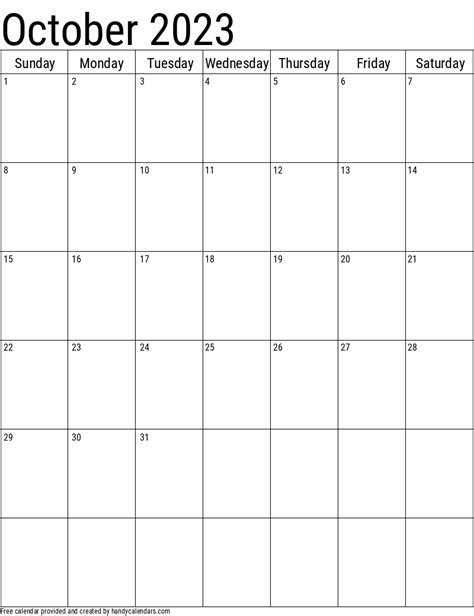 October 2023 Vertical Calendar With Holidays Handy Calendars