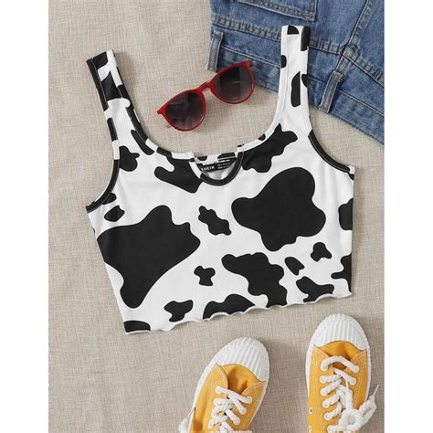 Shein Cow Print Lettuce Edge Cropped Tank Top Shopee Philippines