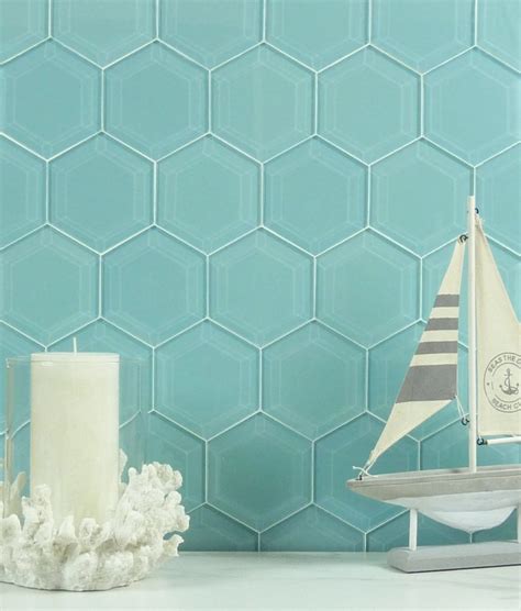 Colonial Aqua 4 Beveled Hexagon Glossy Glass Tile Gem3005 Hex — Oasis Tile Glass Tile
