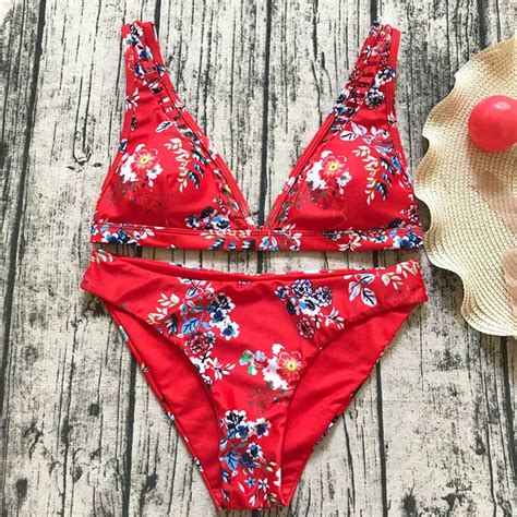 Printed Swimsuit Femme Red Swimwear Women Sling Bikini Sexy Padded