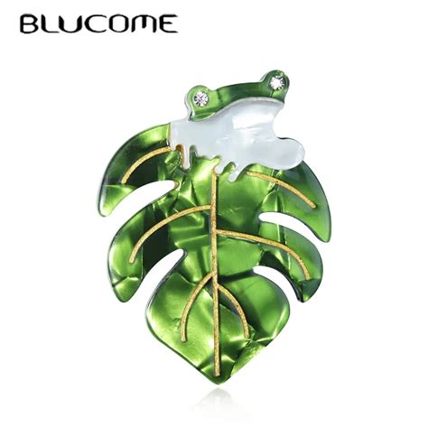 Blucome Vivid Rhinestone Handmade Arcylic Frog Brooches For Women Leaf
