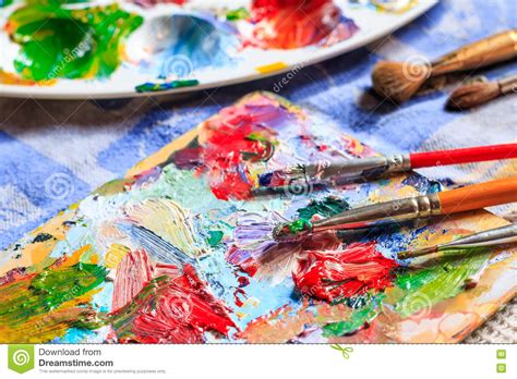 Oil Paint Different Types Of Brushes And Palette Stock Image Image