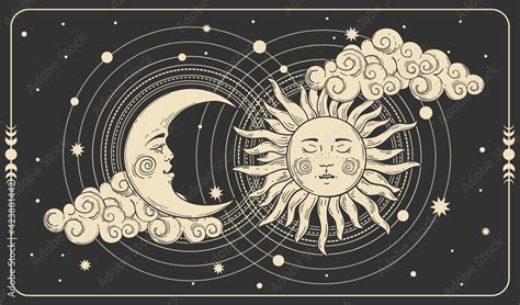 Sun And A Crescent Moon With A Face On A Black Cosmic Background Tarot