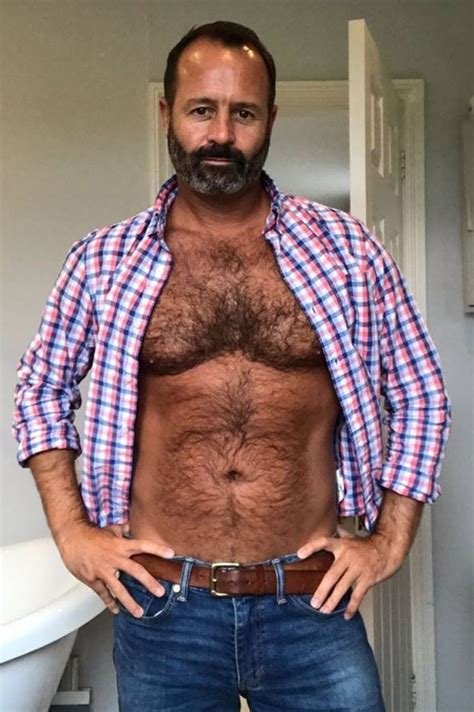 Shirtless Male Muscular Beard Hairy Chest Abs Hunk Beefcake Grin Photo