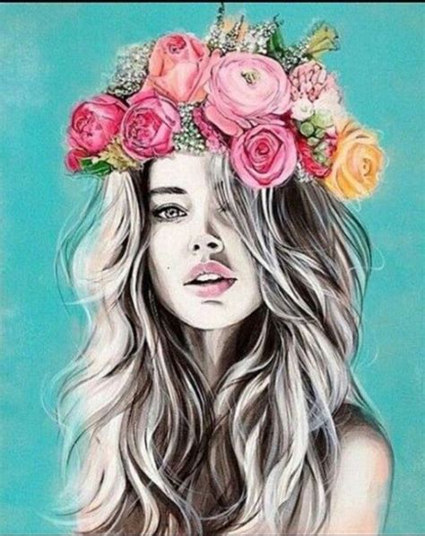 Woman With Long Hair Flower Crown Cute Flower Drawings Turquoise
