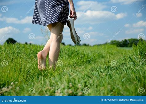 Woman Bearfoot Walk In Grass Stock Photo Image Of Active Nature