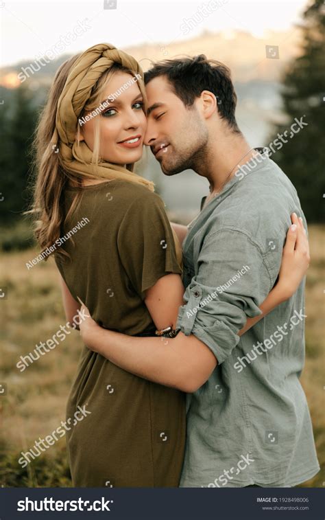 Young Happy Couple Love Hugging Smiling Stock Photo 1928498006