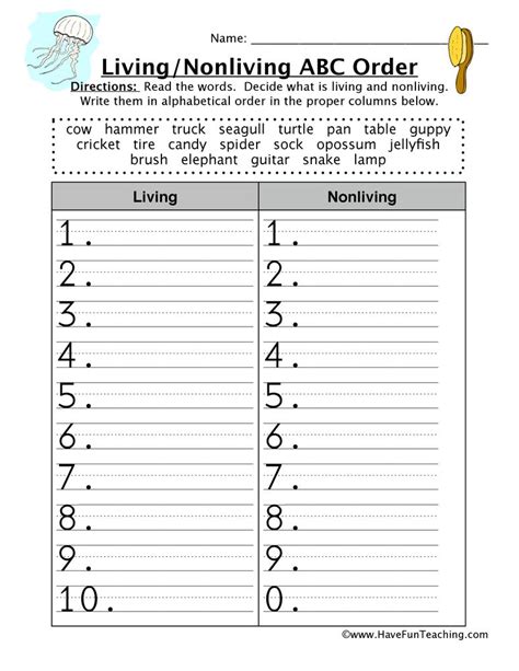 Living And Non Living Things Abc Order Worksheet Read The Words